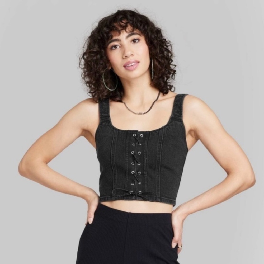 Wild Fable Denim Lace Up Corset Top Black L